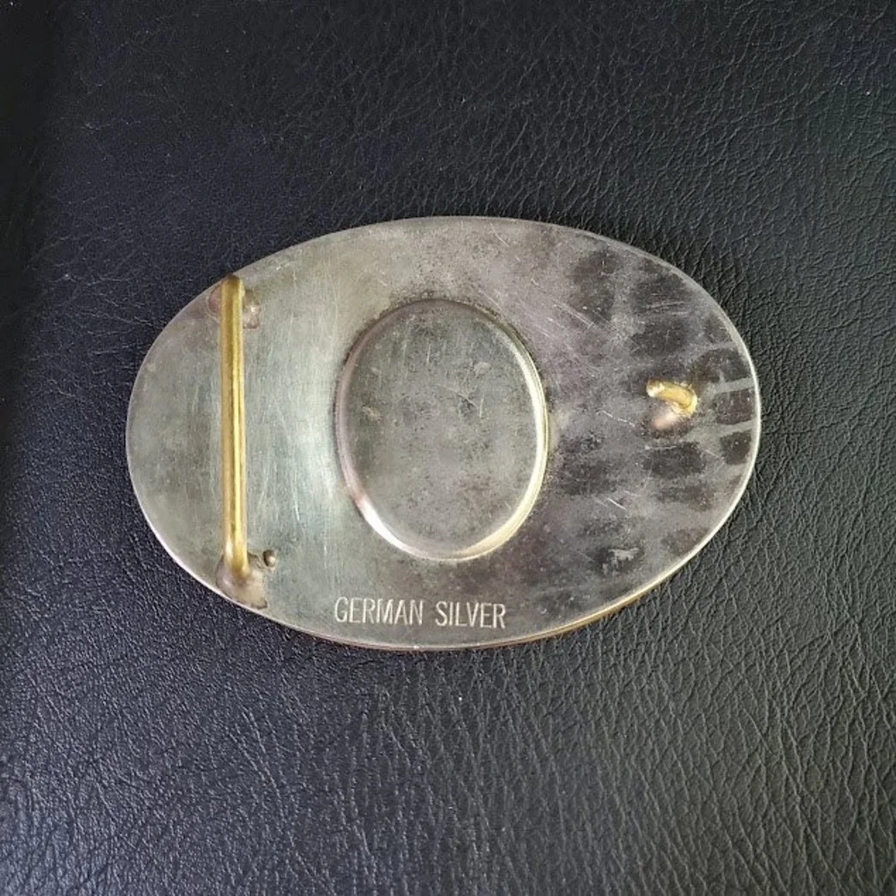 Vintage German Silver Oval Belt Buckle Western Horse Portrait Scroll Engraved